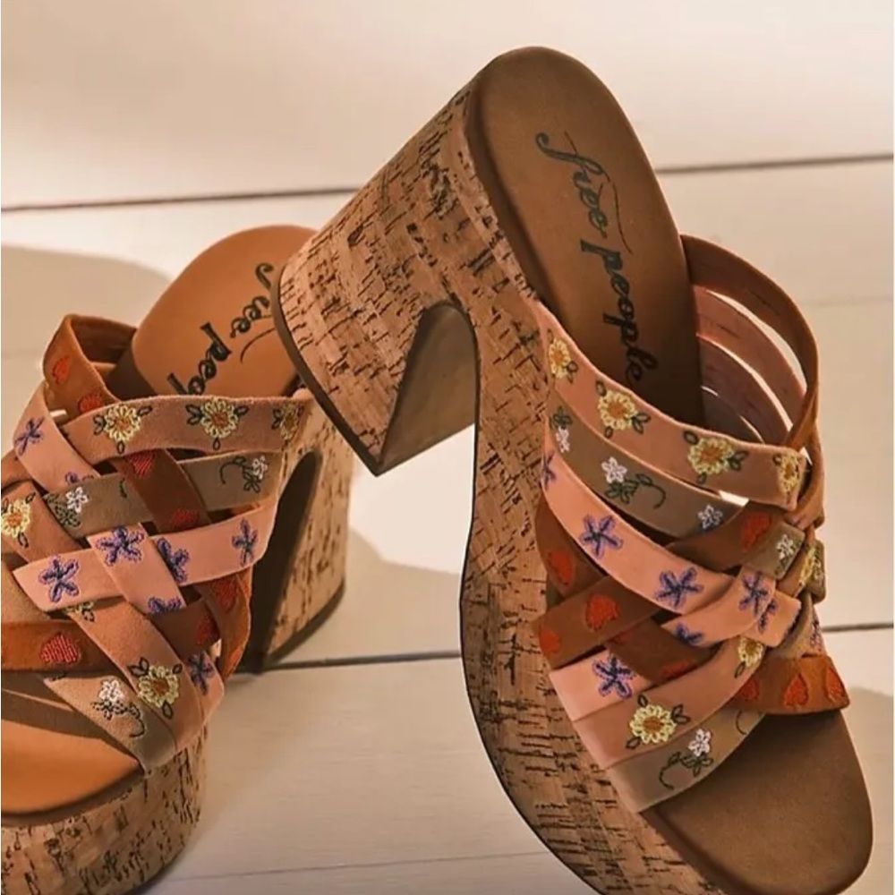 Free People Lisbon Platform Mules Sandal Embroidery Tan Multi Cork - Picture 8 of 10